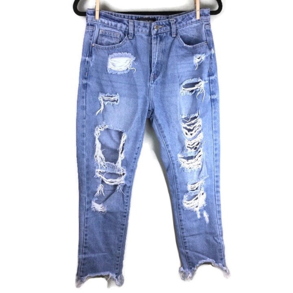 Fashion Nova Shredded High Rise Sharkbite Hem Distressed Cropped Jeans Sz Medium